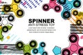 Vector banner or poster background with fidget hand spinner and abstract geometric shapes. Spinner anti stress toy.