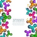 Vector banner or poster background with watercolor fidget hand spinners. Spinner anti stress toy on white background.