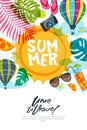 Vector banner, poster or flyer design template with sun, palm leaves and air balloons. Summer beach doodle illustration. Royalty Free Stock Photo