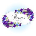Vector banner with realistic flowers of purple viola, strawberry and forget-me-not. Floral wreath design
