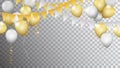 Vector banner with realistic metallic golden and silver balloons