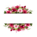 Banner with red and pink roses and freesia flowers. Vector
