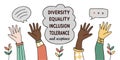 Vector banner representing a group of raised hands. Diversity, equality, inclusion, tolerance and acceptance concept. Royalty Free Stock Photo