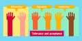 Vector banner representing a group of raised hands. Diversity, equality, inclusion, tolerance and acceptance concept. Royalty Free Stock Photo