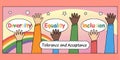 Vector banner representing a group of raised hands. Diversity, equality, inclusion, tolerance and acceptance concept. Royalty Free Stock Photo