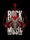 Rock music banner with goat head, guitar and roses