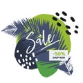 Vector banner for shop web site. Summer sale. Tropical trendy theme. Palm leaves brush spot. Business promotion, social Royalty Free Stock Photo