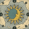 Vector banner with sign of moon, sun and old map Royalty Free Stock Photo