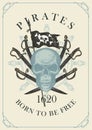 Retro banner with pirate skull, sabers and flag