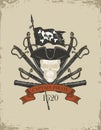 Retro banner with pirate skull, sabers and cannons