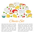 Vector banner template with different types of cheese, hand drawn illustration.