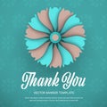 Vector banner template with lush flower, thank you lettering, isolated on turquoise background with pattern