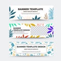 Vector banner template with modern bright design, voucher with text, background of abstract elements, tropical leaves Royalty Free Stock Photo