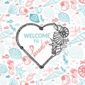 Vector banner template in nautical style. Rope with heart shaped knots. Hand drawn seashells and starfish in sketch