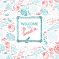 Vector banner template in nautical style. Rope with knots. Hand drawn seashells and starfish in sketch style. Greeting