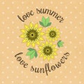 Vector banner template with yellow sunflowers and leaves on kraft paper