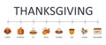 Vector banner Thanksgiving Day. Editable stroke color icons. Turkey wheat cranberry sauce pie squash beans spinach autumn dinner