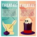 Vector banner with theatre icons. skull, lyre, lira, harp, feather, scenario, script, screenplay, continuity, book