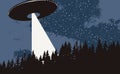 Vector banner with a flying UFO over the forest Royalty Free Stock Photo