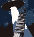 Banner with a flying UFO over the Leaning Tower