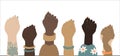 Vector banner on the theme of the feminist movement. female hands of different races, clenched into fists.