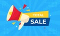 Vector banner total sale countdown badge. Last time offers icon. Last chance, last day promo discount. Megaphone on blue Royalty Free Stock Photo