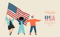 Vector banner for USA Independence Day with three cute young people with American flag. The concept of patriotism