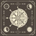 Banner with wind rose, old compass and ship wheel Royalty Free Stock Photo