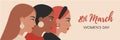 Vector banner for Womens Day. 8 march international womens day flyer with female portraits in minimal style. Cultural diversity