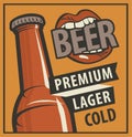 Vector banner with words Beer, premium, lager, cold. Flat illustration in retro style with bottle of beer and a mouth biting on