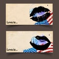 Vector banners with American flag and imprint female lips print.