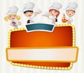 Vector banners backgrounds with cartoon chefs cooking and holding tray with food. Royalty Free Stock Photo