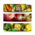 Vector banners design template with blur background with fruits and vegetables. Healthy fresh food, vegeterian and eco concept. Royalty Free Stock Photo