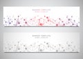 Vector banners and headers for site with DNA strand and molecular structure. Genetic engineering or laboratory research