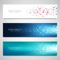 Vector banners and headers for site with DNA strand and molecular structure. Genetic engineering or laboratory research