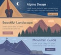 Vector banners illustration set - mountain hiking in the beautiful landscape with mountain guide.