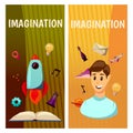 Vector banners. Imagination and exploration. Science and research. Rocket launch. Discovery new world, start new Royalty Free Stock Photo
