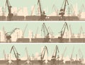 Vector banners of industrial city with cargo crane tower.