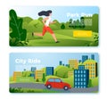 Vector banners with jogging girl and riding car