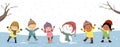 Vector banners kids playing in winter. Happy new year and Merry Christmas background Royalty Free Stock Photo