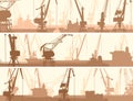 Vector banners of port with cargo crane tower.