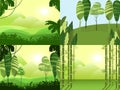Vector banners set with cartoon green polygonal landscape. Travel rest sky mountains trees hills. Background