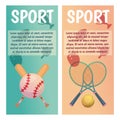 Vector banners with sport icons. Tennis. Baseball. Flat illustration.