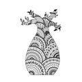 Vector baobab tree. Coloring page book in zentangle style Royalty Free Stock Photo