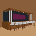 Vector bar, pub interior, wooden counter, chairs, shelves and lamps with solid and flat color