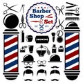 Vector Barber Shop accessories set. With silhouettes of instruments, pole, hairstyles. Vintage style.