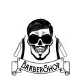 Vector Barbershop emblem, barbershop logo or badge for barber shop signboard, posters Skull with blades and hipster