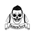 Vector Barbershop emblem, barbershop logo or badge for barber shop signboard, posters Skull with blades and hipster