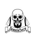 Vector Barbershop emblem, barbershop logo or badge for barber shop signboard, posters Skull with blades and hipster