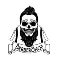 Vector Barbershop emblem, barbershop logo or badge for barber shop signboard, posters Skull with blades and hipster